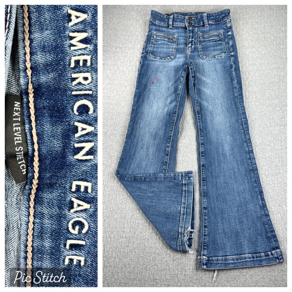 American Eagle Bootcut Hi-Rise Flare Jeans Women 4/26x29 Blue Stretch‎ Patch